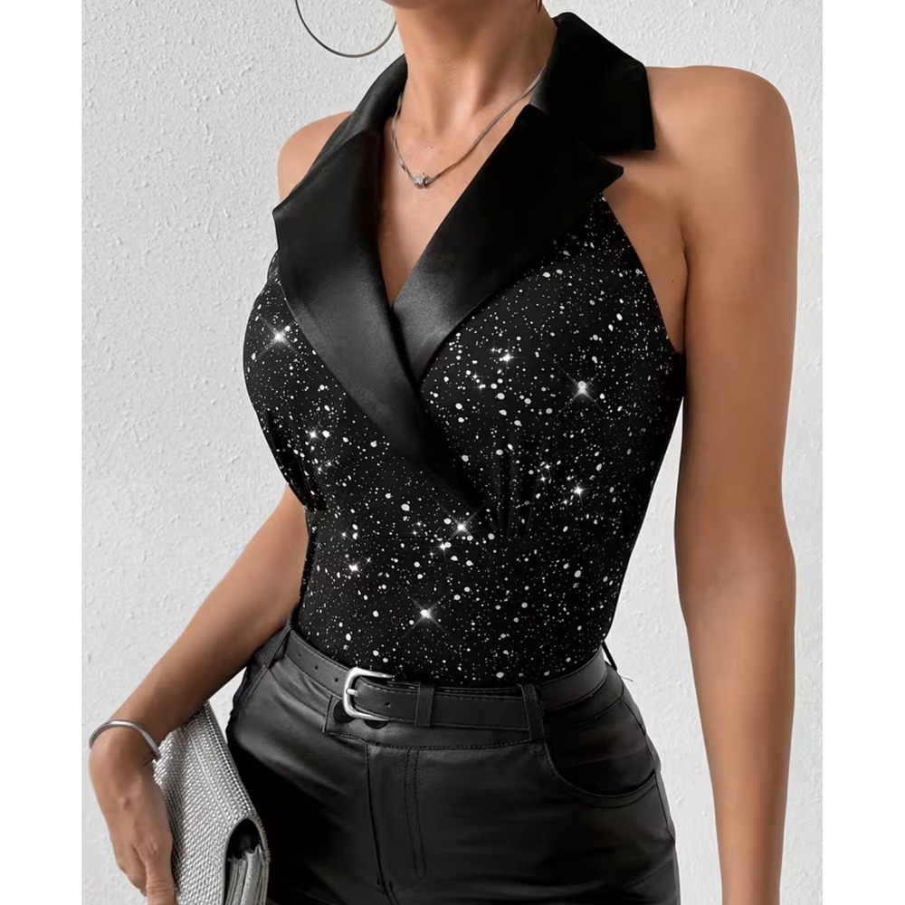 Sparkly HalterTop Black Glitter Rhinestone Collar Neck Party Evening Glam Size M
